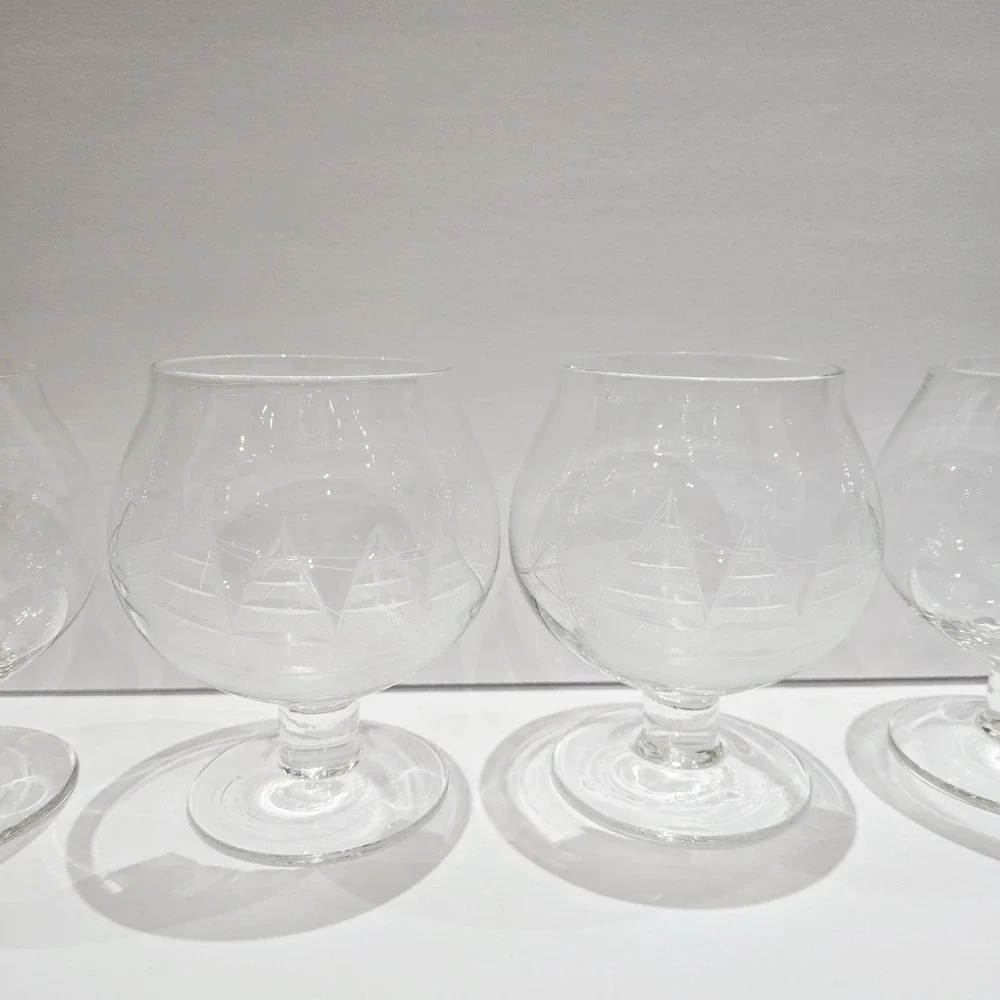 6 Toscany Clipper Schooner Ship Etched Crystal Glass Brandy Snifters